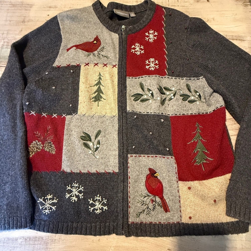 Croft and Barrow Women's XL Cardinal Christmas Patchwork Zip Up Cardigan Sweater